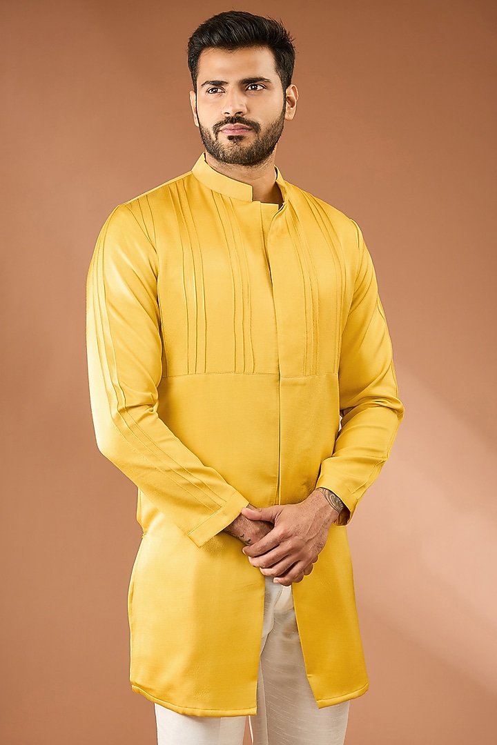 Lime Yellow Modal Silk Pintuck Kurta Set by RNG Safawala Men at Pernia's Pop Up Shop