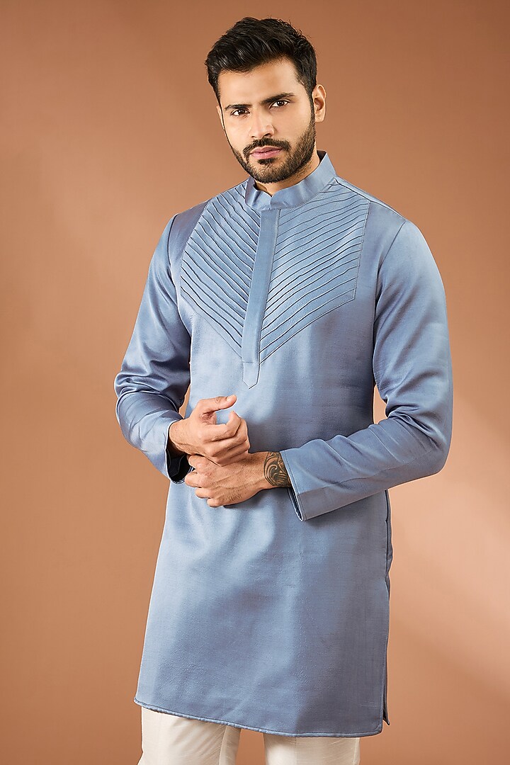 Steel Grey Modal Silk Pintuck Kurta Set by RNG Safawala Men at Pernia's Pop Up Shop