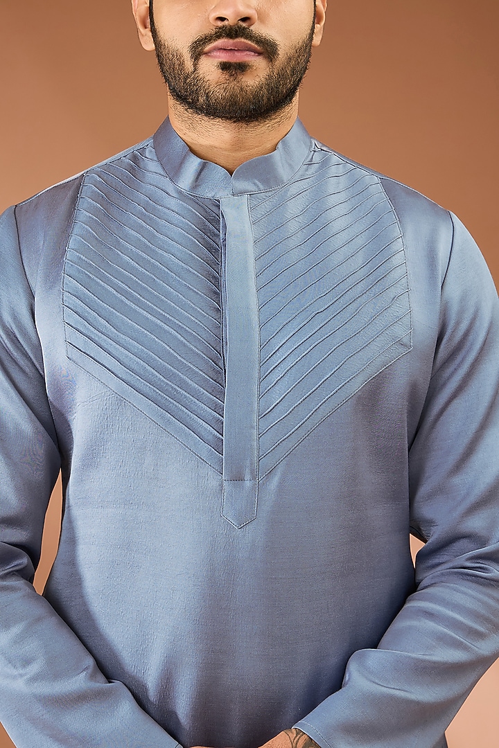 Steel Grey Modal Silk Pintuck Kurta Set by RNG Safawala Men at Pernia's Pop Up Shop