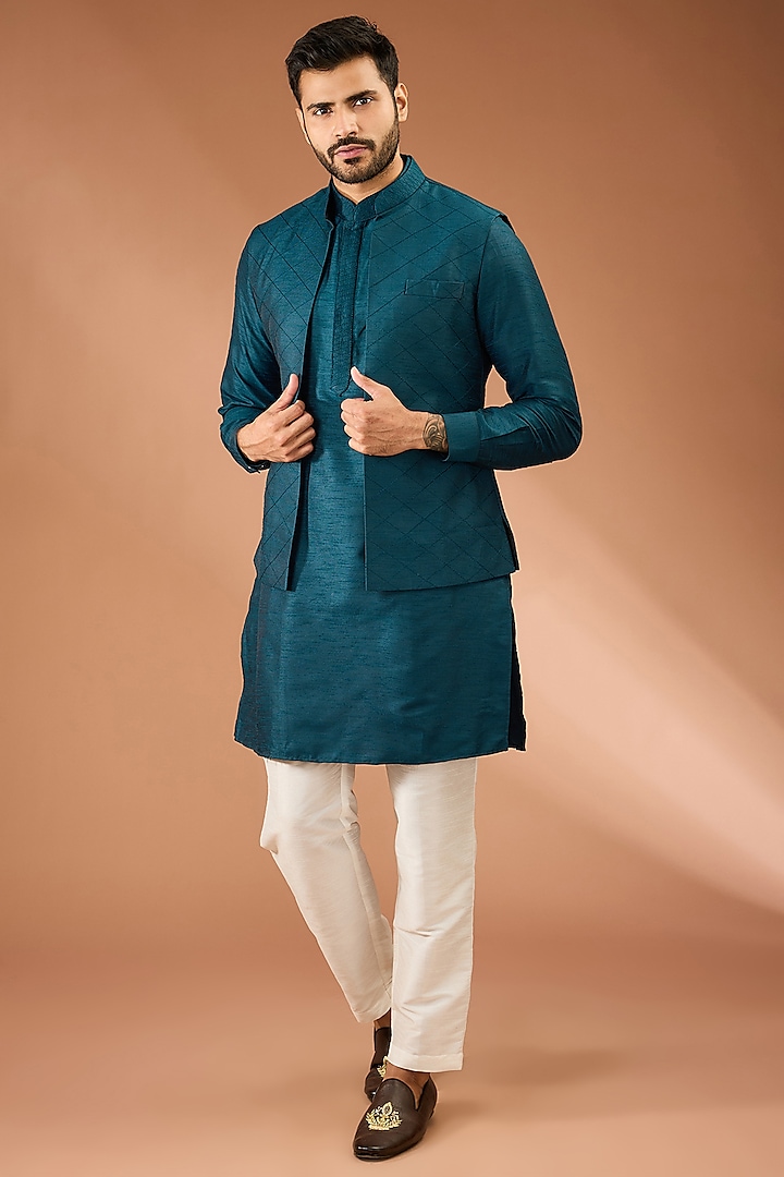 Peacock Blue Dupion Silk Thread Embroidered Open-Indowestern Set by RNG Safawala Men