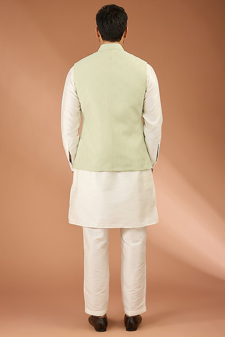 Pista Green French Terry Floral Motifs Embroidered Bundi Jacket Set by RNG Safawala Men at Pernia's Pop Up Shop