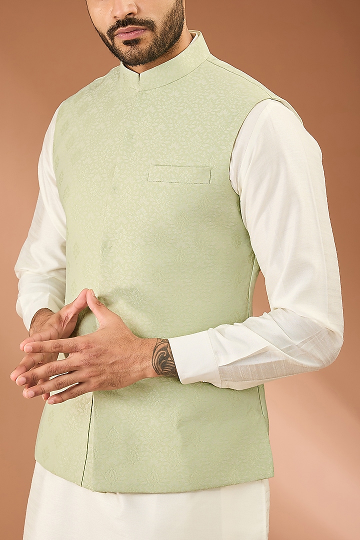 Pista Green French Terry Floral Motifs Embroidered Bundi Jacket Set by RNG Safawala Men at Pernia's Pop Up Shop