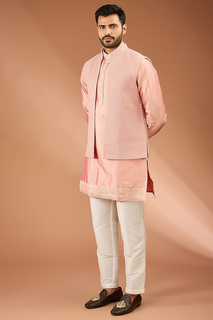 Peach Georgette Thread Embroidered Open-Indowestern Set by RNG Safawala Men