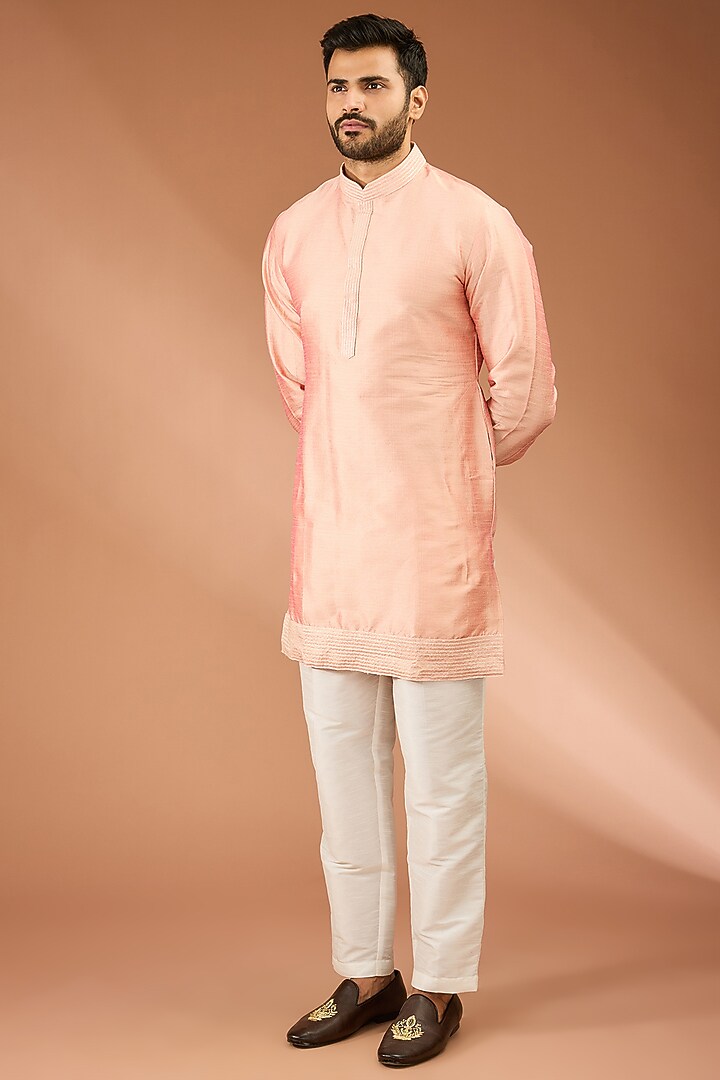 Peach Georgette Thread Embroidered Open-Indowestern Set by RNG Safawala Men at Pernia's Pop Up Shop