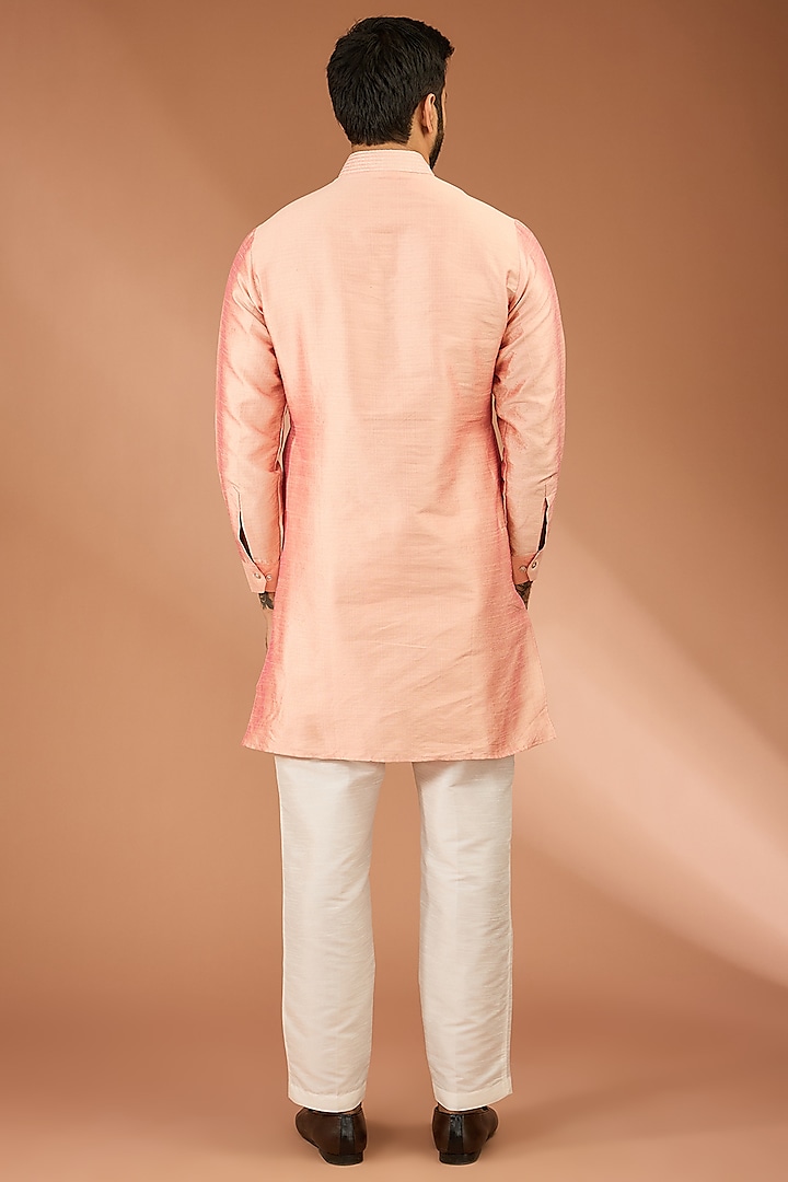 Peach Georgette Thread Embroidered Open-Indowestern Set by RNG Safawala Men at Pernia's Pop Up Shop