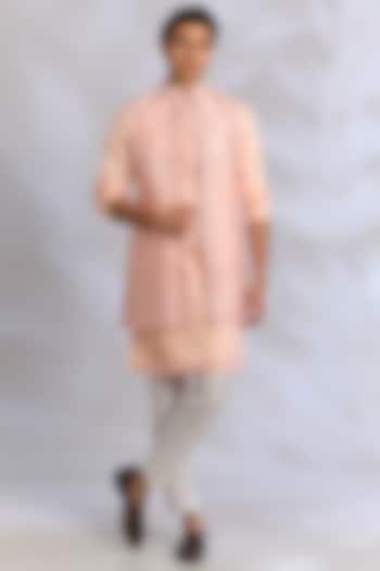 Peach Crepe Silk Resham Embroidered Open Jacket Set by RNG Safawala Men at Pernia's Pop Up Shop