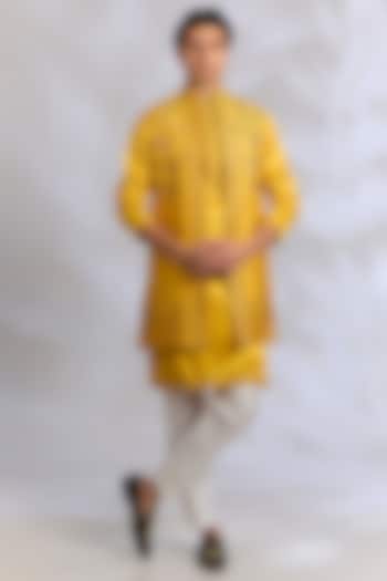 Yellow Crepe Silk Resham Embroidered Open Jacket Set by RNG Safawala Men at Pernia's Pop Up Shop