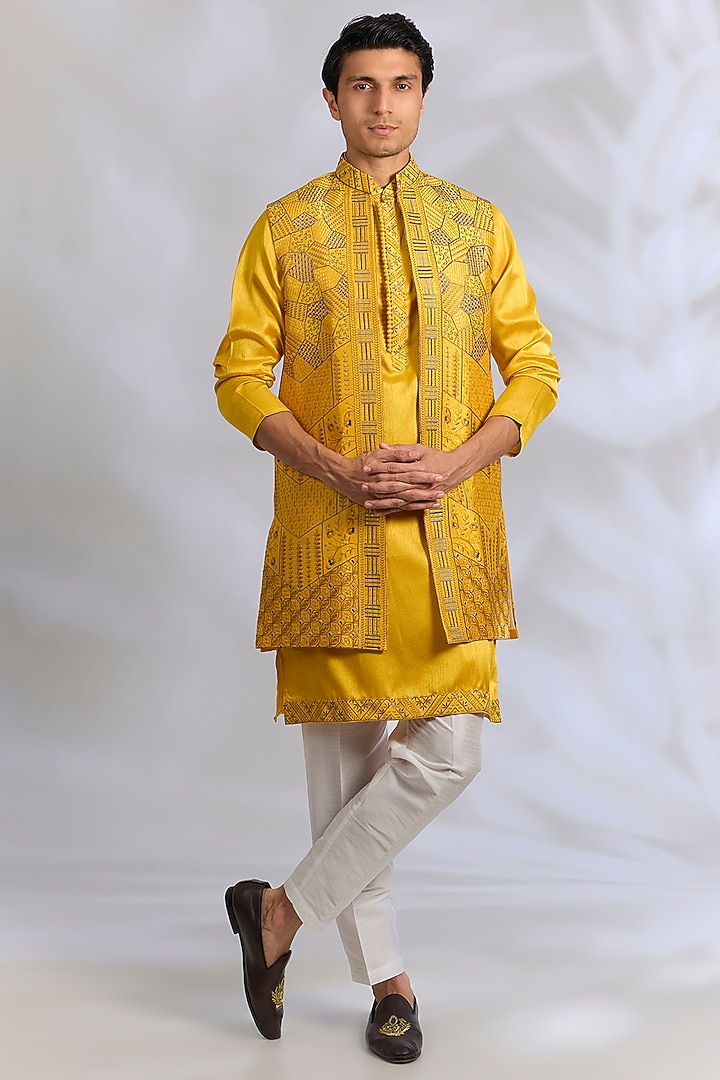 Yellow Crepe Silk Resham Embroidered Open Jacket Set by RNG Safawala Men at Pernia's Pop Up Shop
