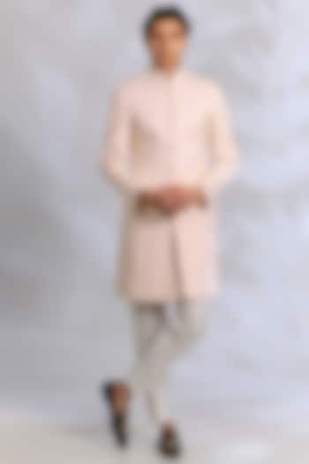 Blush Pink Raw Silk Resham Embroidered Wedding Indowestern Set by RNG Safawala Men at Pernia's Pop Up Shop