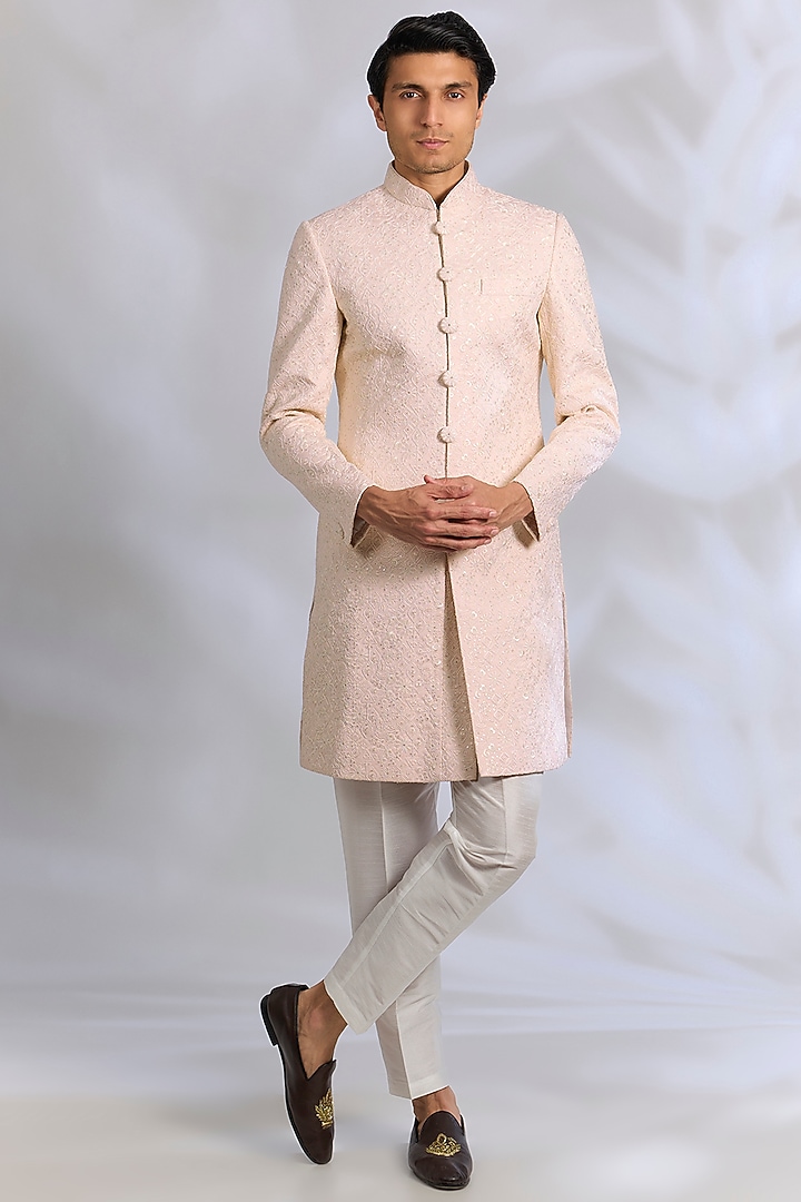 Blush Pink Raw Silk Resham Embroidered Wedding Indowestern Set by RNG Safawala Men at Pernia's Pop Up Shop