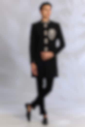 Black French Terry Resham Embroidered Achkan Set by RNG Safawala Men at Pernia's Pop Up Shop