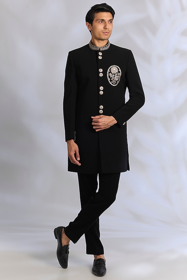Black French Terry Resham Embroidered Achkan Set by RNG Safawala Men at Pernia's Pop Up Shop