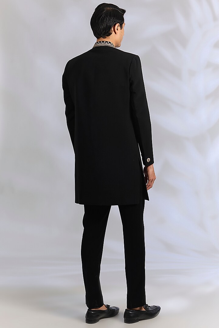 Black French Terry Resham Embroidered Achkan Set by RNG Safawala Men at Pernia's Pop Up Shop