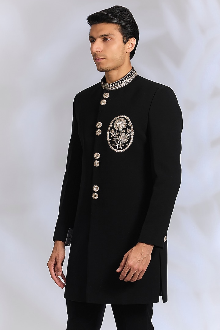 Black French Terry Resham Embroidered Achkan Set by RNG Safawala Men at Pernia's Pop Up Shop