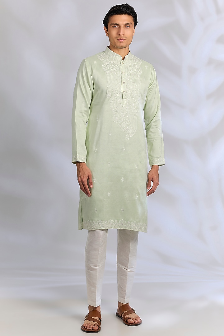 Pista Green Crepe Silk Chikankari Embroidered Kurta Set by RNG Safawala Men at Pernia's Pop Up Shop