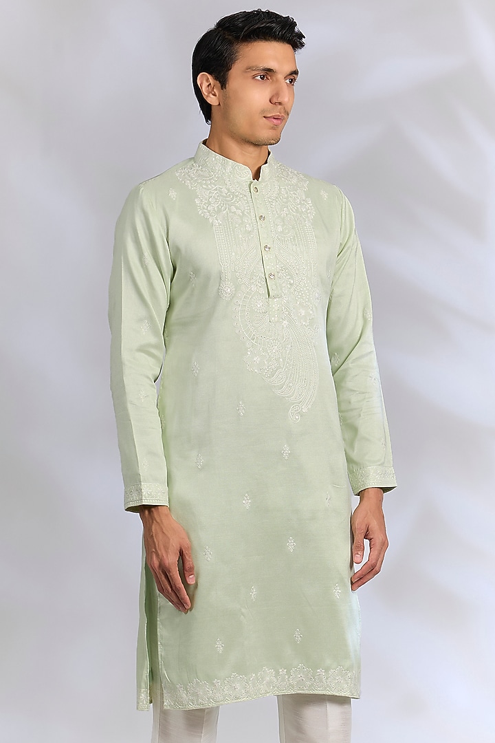 Pista Green Crepe Silk Chikankari Embroidered Kurta Set by RNG Safawala Men at Pernia's Pop Up Shop