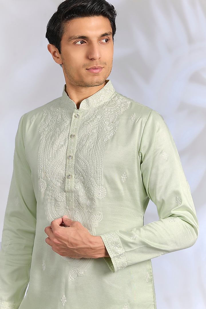 Pista Green Crepe Silk Chikankari Embroidered Kurta Set by RNG Safawala Men at Pernia's Pop Up Shop