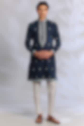 Royal Blue Cotton Silk Sequins Embroidered Kurta Set by RNG Safawala Men at Pernia's Pop Up Shop