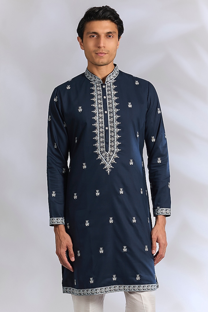 Royal Blue Cotton Silk Sequins Embroidered Kurta Set by RNG Safawala Men at Pernia's Pop Up Shop