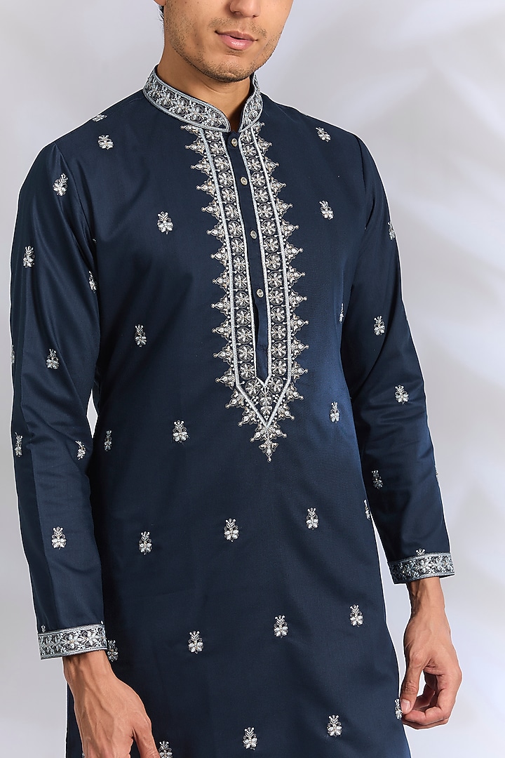 Royal Blue Cotton Silk Sequins Embroidered Kurta Set by RNG Safawala Men at Pernia's Pop Up Shop