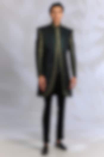 Black Raw Silk Embroidered Achkan Indowestern Set by RNG Safawala Men at Pernia's Pop Up Shop