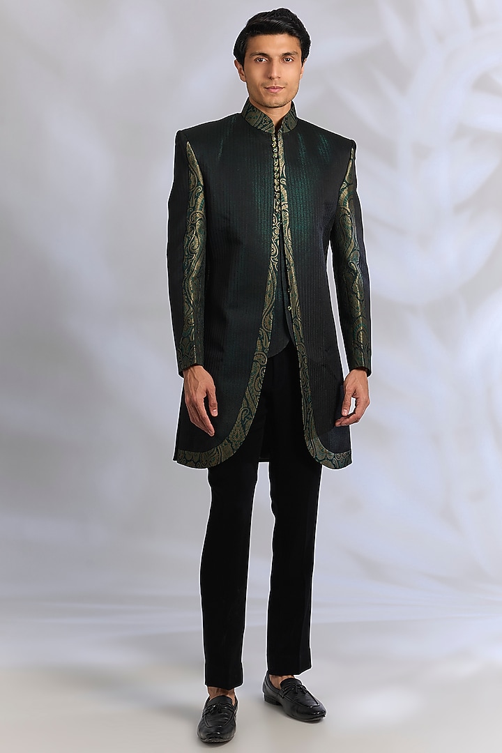 Black Raw Silk Embroidered Achkan Indowestern Set by RNG Safawala Men at Pernia's Pop Up Shop