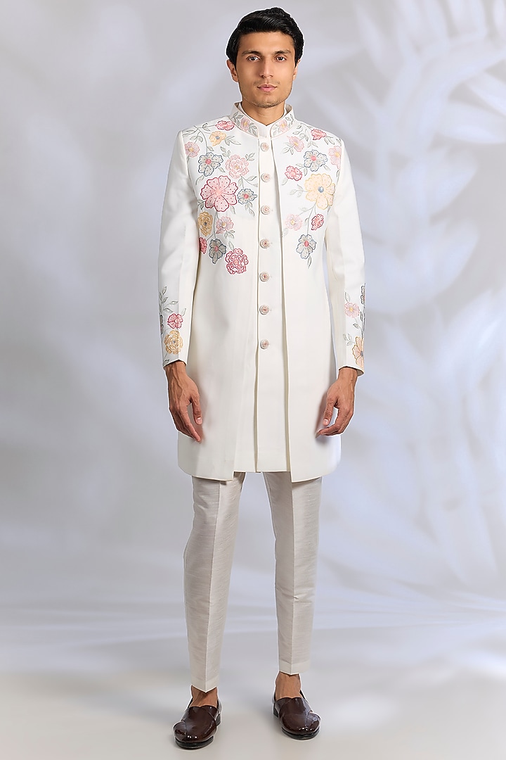 Off-White French Terry Cutdana Embroidered Wedding Indowestern Set by RNG Safawala Men at Pernia's Pop Up Shop