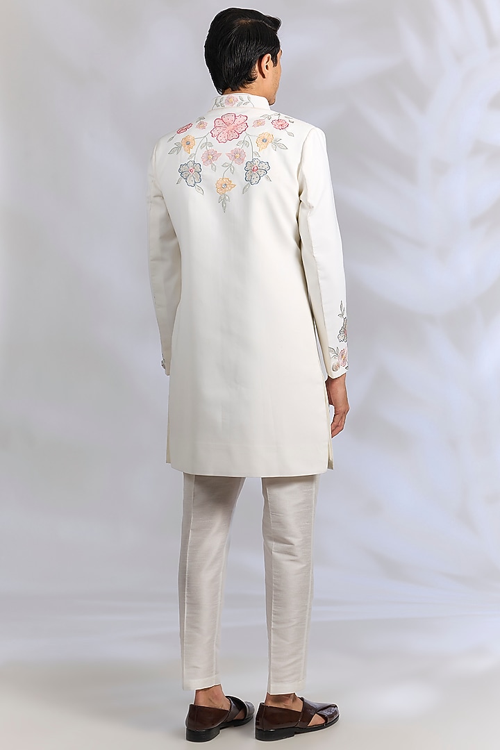 Off-White French Terry Cutdana Embroidered Wedding Indowestern Set by RNG Safawala Men at Pernia's Pop Up Shop