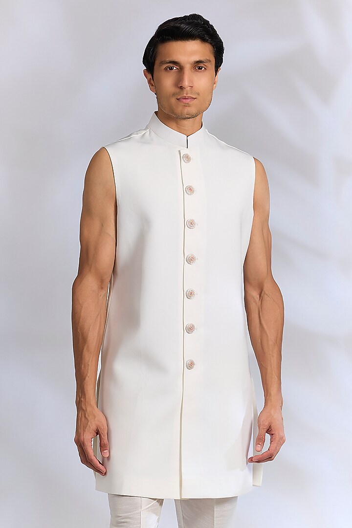 Off-White French Terry Cutdana Embroidered Wedding Indowestern Set by RNG Safawala Men at Pernia's Pop Up Shop