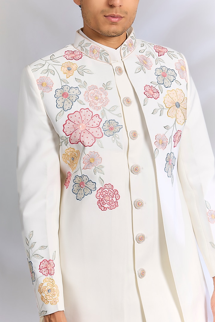 Off-White French Terry Cutdana Embroidered Wedding Indowestern Set by RNG Safawala Men at Pernia's Pop Up Shop