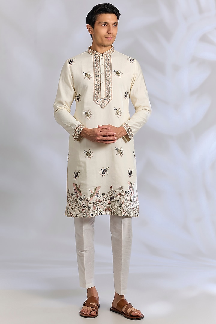 Cream Cotton Silk Resham Embroidered Kurta Set by RNG Safawala Men at Pernia's Pop Up Shop