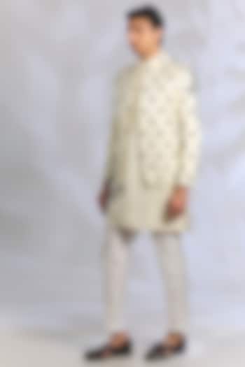 Cream Raw Silk Thread Embroidered Wedding Indowestern Set by RNG Safawala Men at Pernia's Pop Up Shop