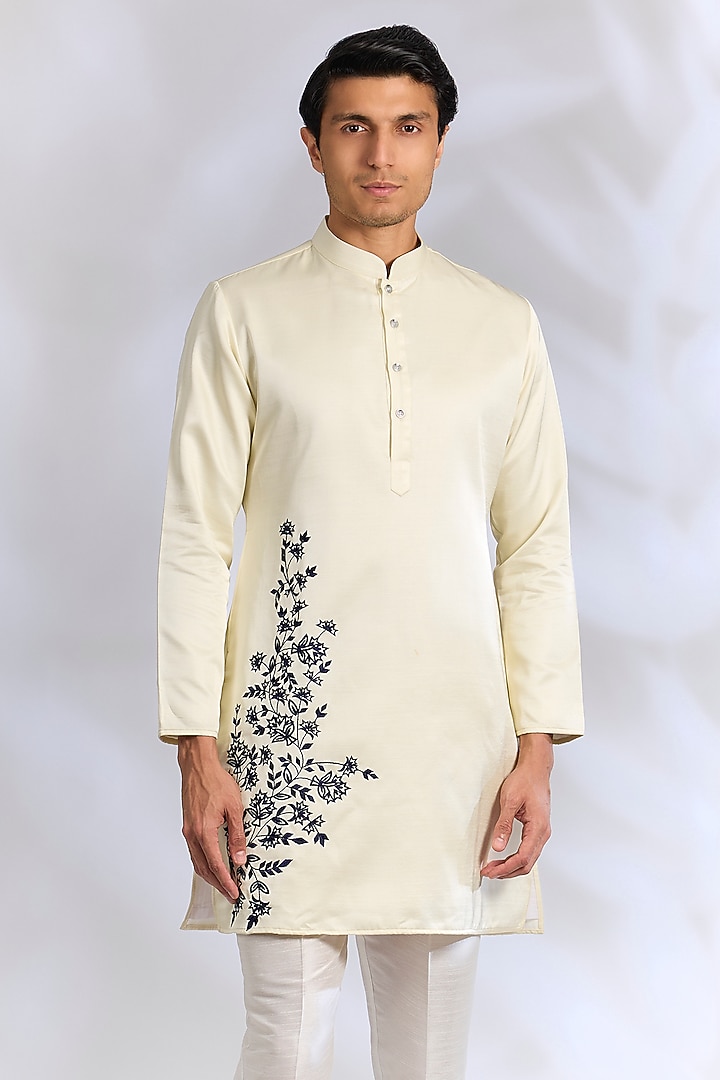 Cream Raw Silk Thread Embroidered Wedding Indowestern Set by RNG Safawala Men at Pernia's Pop Up Shop