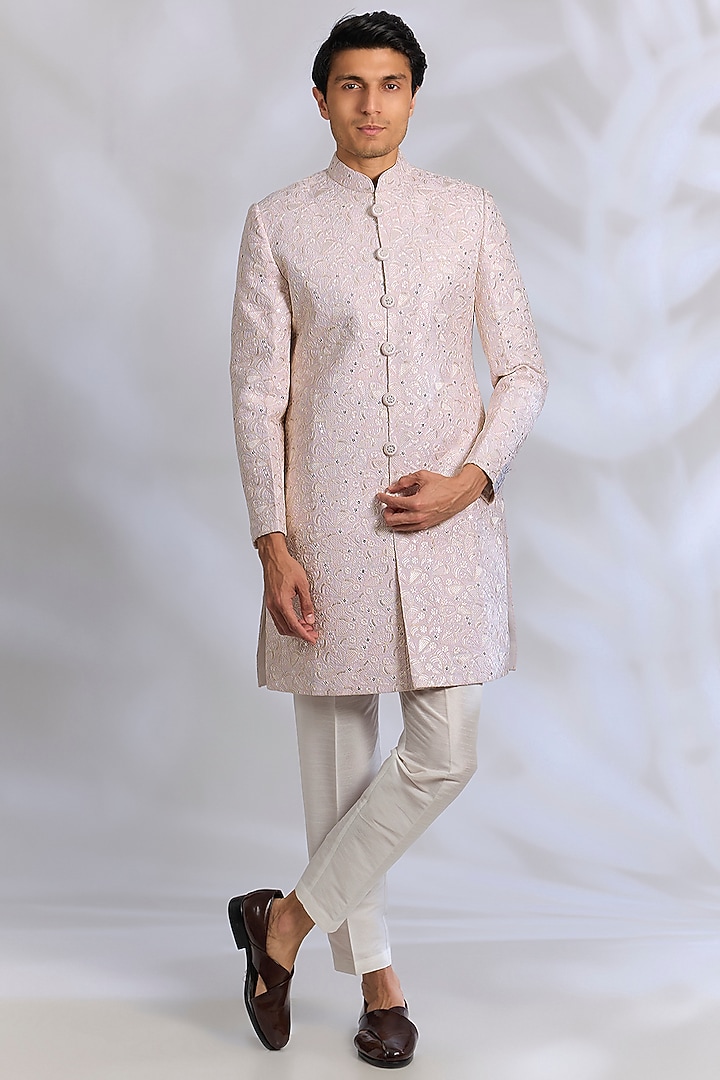 Blush Pink Raw Silk Sequins Embroidered Achkan Set by RNG Safawala Men at Pernia's Pop Up Shop