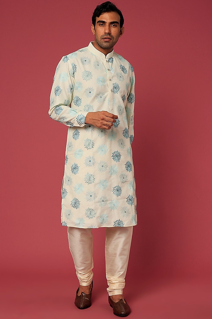 Off-White Cotton Linen Thread Embroidered Kurta Set by RNG Safawala Men