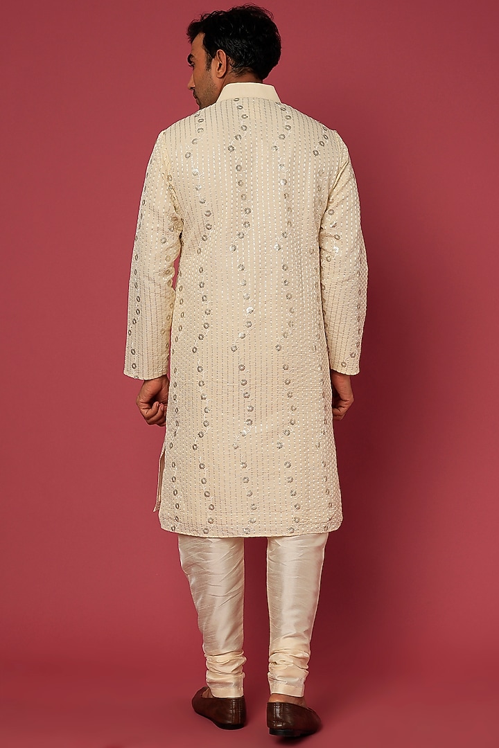 Beige Cotton Linen Embroidered Kurta Set by RNG Safawala Men at Pernia's Pop Up Shop