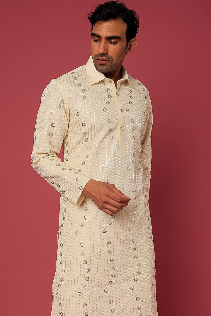Beige Cotton Linen Embroidered Kurta Set by RNG Safawala Men at Pernia's Pop Up Shop