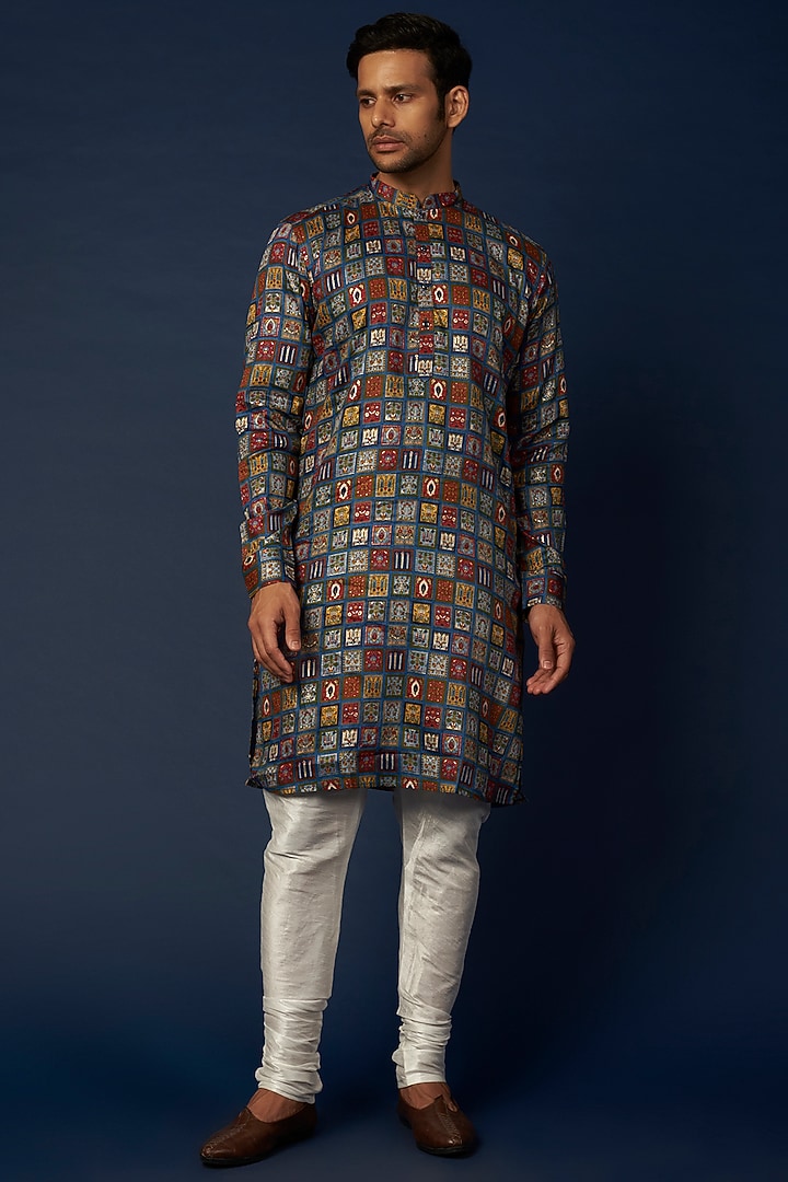 Dark Blue Printed Kurta Set by RNG Safawala Men at Pernia's Pop Up Shop