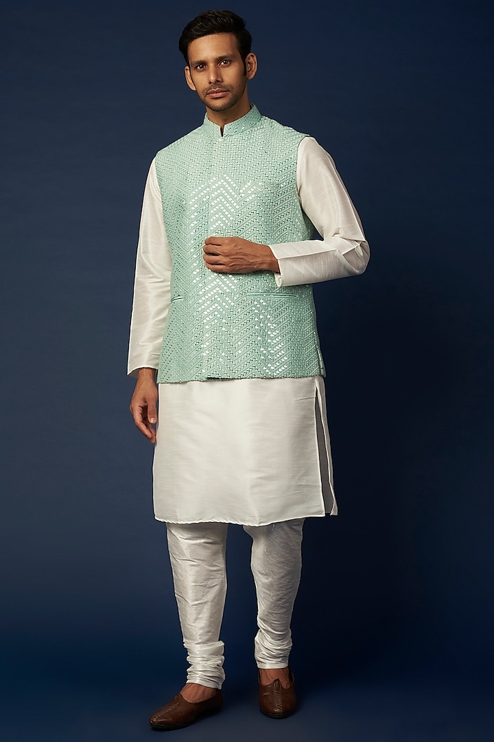 Mint Blue Embroidered Bundi Jacket With Kurta Set by RNG Safawala Men