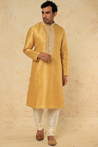 Mustard Yellow Embroidered Kurta Set by RNG Safawala Men