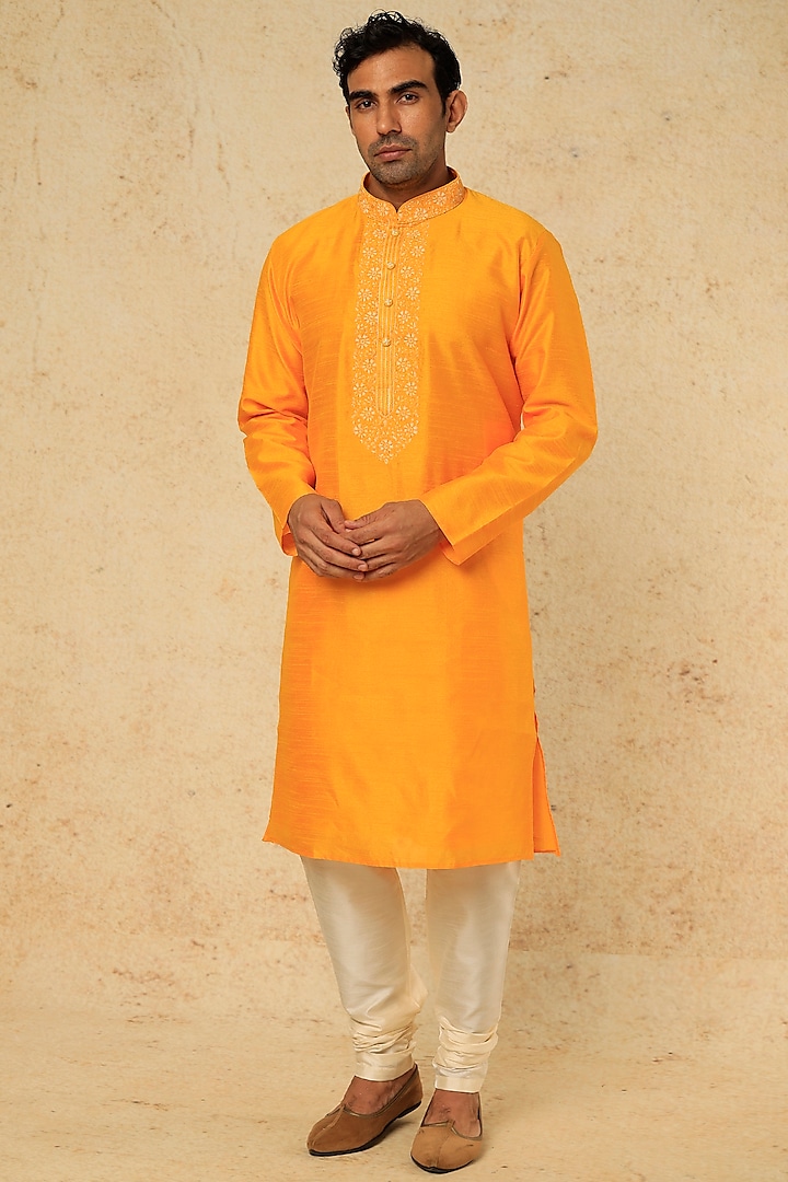 Orange Embroidered Kurta Set by RNG Safawala Men