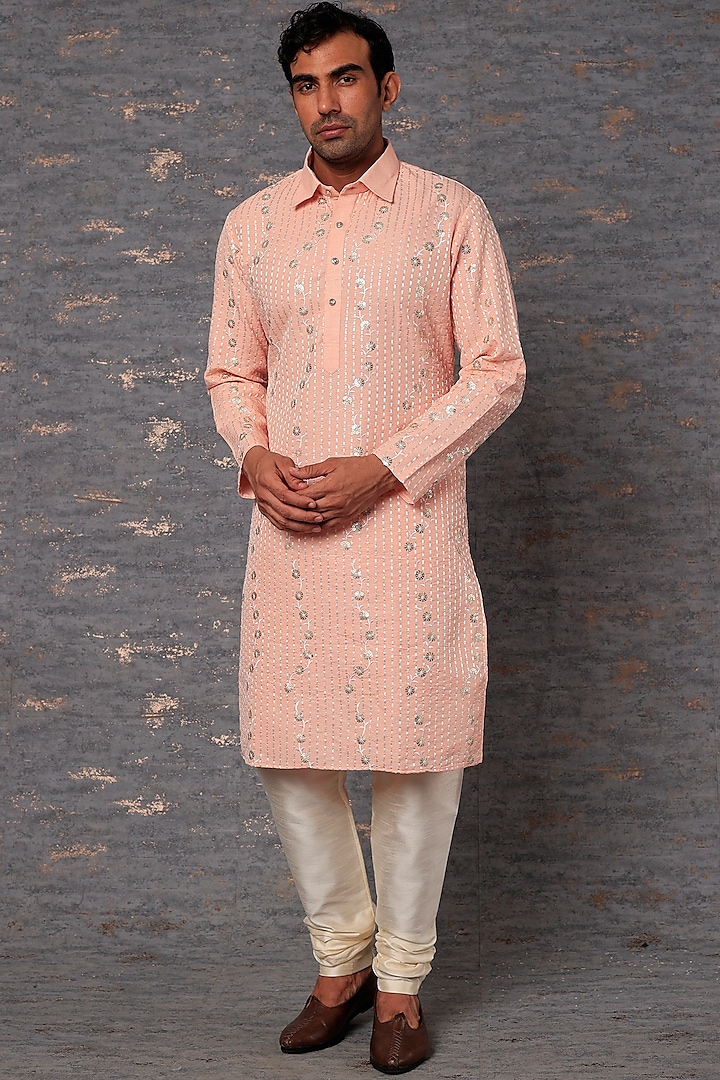 Pink Cotton Linen Kurta Set by RNG Safawala Men