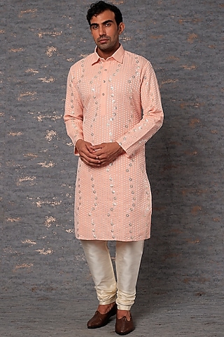 Pink Cotton Linen Sequin Embroidered Kurta Set by RNG Safawala Men