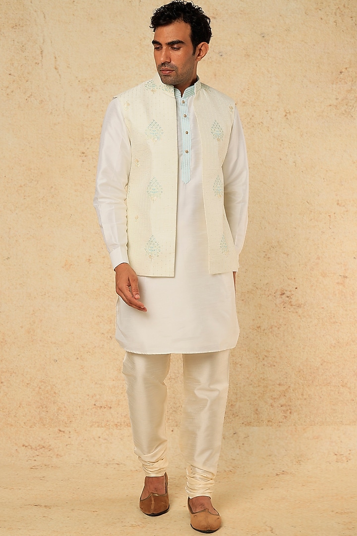 Cream & Turquoise Cotton Linen Sequins Embroidered Open Nehru Jacket Set by RNG Safawala Men at Pernia's Pop Up Shop