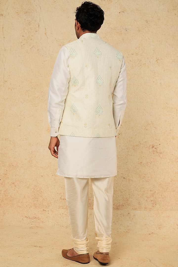 Cream & Turquoise Cotton Linen Sequins Embroidered Open Nehru Jacket Set by RNG Safawala Men at Pernia's Pop Up Shop