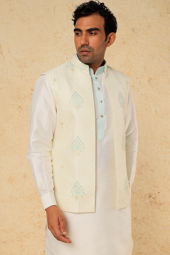 Cream & Turquoise Cotton Linen Sequins Embroidered Open Nehru Jacket Set by RNG Safawala Men at Pernia's Pop Up Shop