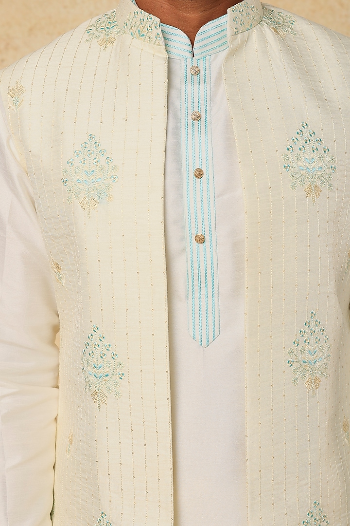 Cream & Turquoise Cotton Linen Sequins Embroidered Open Nehru Jacket Set by RNG Safawala Men at Pernia's Pop Up Shop