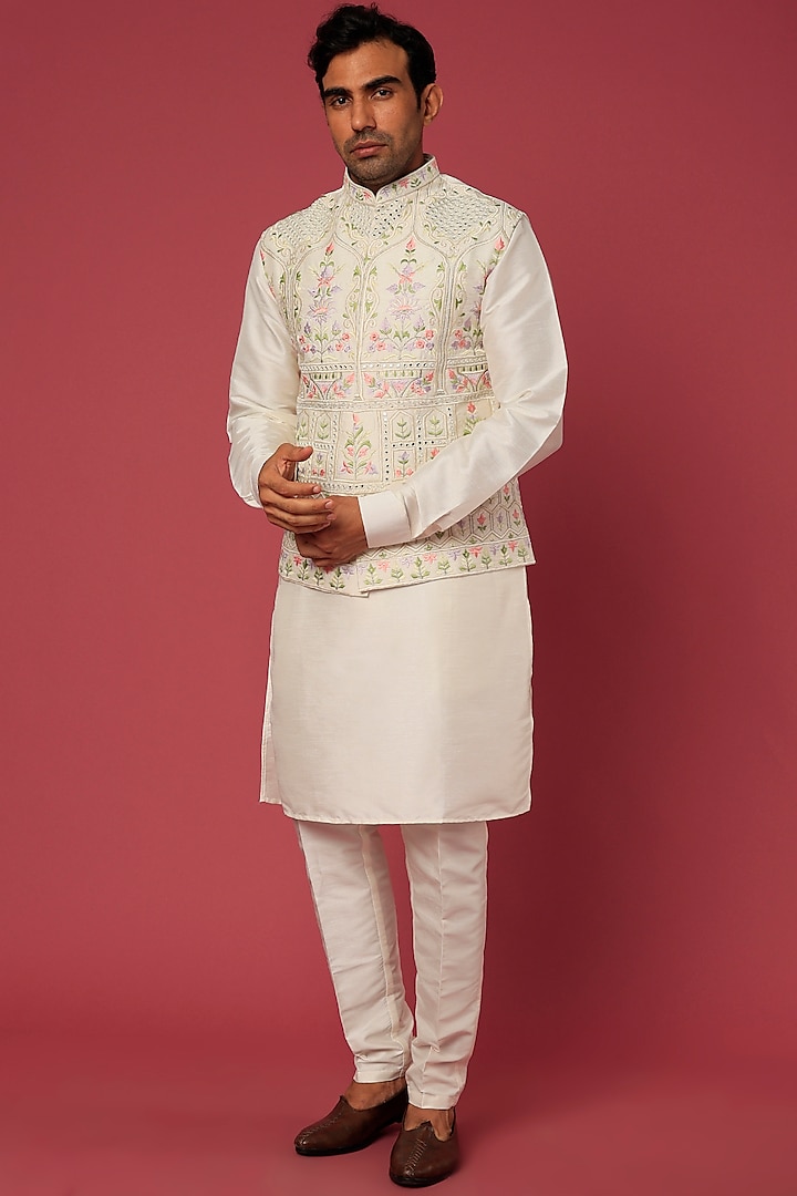 Off-White Cotton Silk Kurta Set With Jacket by RNG Safawala Men