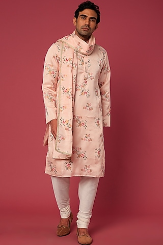 Blush Pink Cotton Silk Floral Printed Kurta Set by RNG Safawala Men