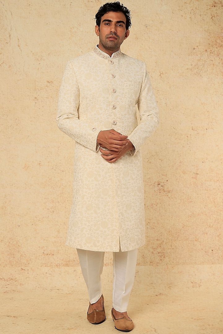 Off-White Embroidered Sherwani Set by RNG Safawala Men